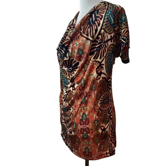 Jean Paul Gaultier Soleil Womens Earth Tone Palm Leaf Print Drape Neck S/S Top L